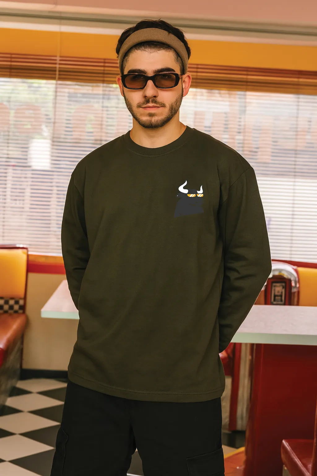 Puff Printed Symbol Olive Relaxed Fit Unisex Sweatshirt