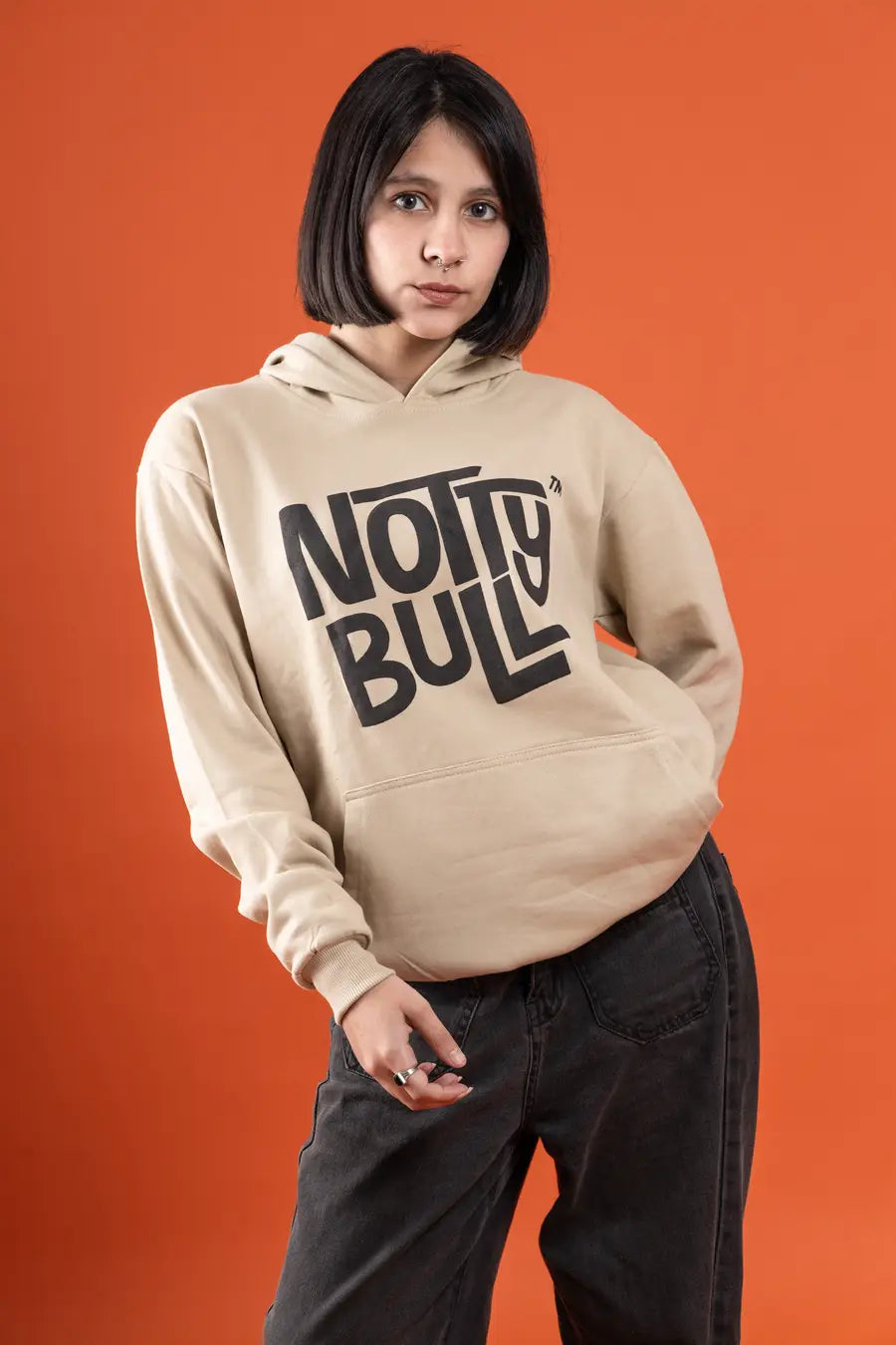 Puff Printed Logo Beige Relaxed Fit Unisex Hoodie