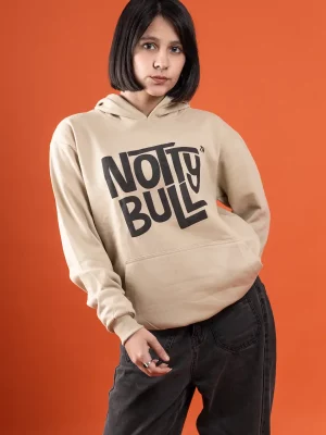 Puff Printed Logo Beige Relaxed Fit Hoodie